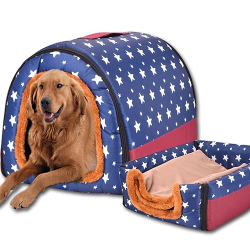 Hundebett, 2-in-1-Hundehütte, warm, große Haustierhöhle, wasserdicht, luxuriöses Haustierhaus, abnehmbar, Anti-Angst-Katzen-Hundebetten für drinnen und draußen (90 x 68 x 66 cm, I) von ping bu