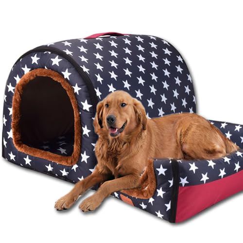 Hundebett, 2-in-1-Hundehütte, warm, große Haustierhöhle, wasserdicht, luxuriöses Haustierhaus, abnehmbar, Anti-Angst-Katzen-Hundebetten für drinnen und draußen (90 x 68 x 66 cm, K) von ping bu