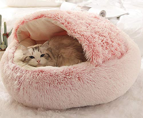 Katzenbett Höhle flauschiges Bettzelt, weicher Plüsch, für den Innenbereich, warmes Haustier-Schlafkissen, rutschfest, abnehmbar, waschbar, Bett für Katze (40 cm, Rosa-A) von ping bu