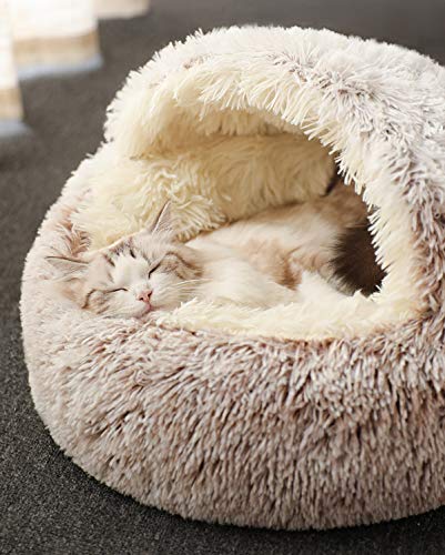 Katzenbett Höhle Flauschiges Bett Zelte, weiches Plüsch Indoor Katzenhaus Winter Warm Haustier Schlafkissen Rutschfest Abnehmbares Waschbar Bett für Katze (40 cm, Braun-B) von ping bu