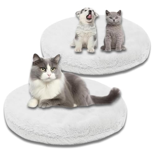 Kuschelige, beruhigende Katzenbett-Decke, waschbar, luxuriöse Katzenmatte, weich, flauschig, Premium-Flanell, Haustierkissen, doppelseitig, warmes Hundebett (weiß, L-55 cm, rund), 2 Stück von ping bu