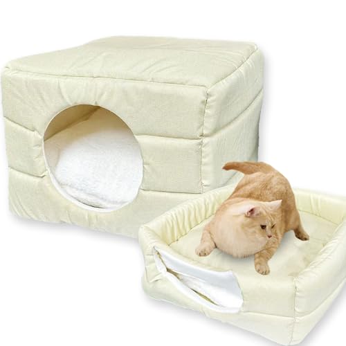 Weiches Hundehüttenbett, 2-in-1-Katzenhöhle, luxuriöses Welpenbett, abnehmbares Schlafkissen, faltbar, waschbar, Haustier-Iglu-Sofabetten, Kisten-Matratze, flauschiges Nest (Beige, 43 x 43 x 30 cm) von ping bu