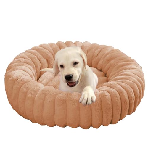 ping bu Großes Plüsch-Hundebett, beruhigendes Donut-Hundebett, Sofakissen, waschbar, wärmend, rund, für den Innenbereich, schlafende Hunde und Katzen, rutschfest (Beige, 120 cm) von ping bu