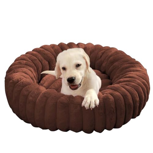 ping bu Großes Plüsch-Hundebett, beruhigendes Donut-Hundebett, Sofakissen, waschbar, wärmend, rund, für den Innenbereich, schlafende Hunde und Katzen, rutschfest (Braun, 80 cm) von ping bu