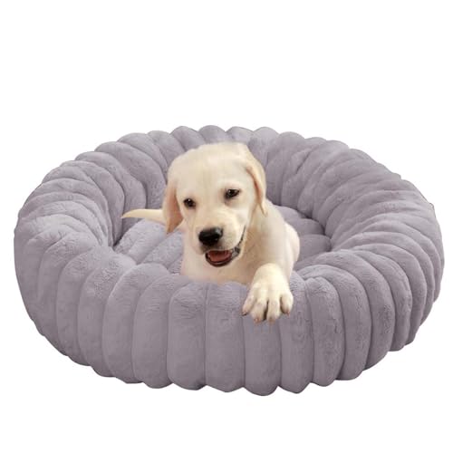 ping bu Großes Plüsch-Hundebett, beruhigendes Donut-Hundebett, Sofakissen, waschbar, wärmend, rund, für den Innenbereich, schlafende Hunde und Katzen, rutschfest (Grau, 120 cm) von ping bu