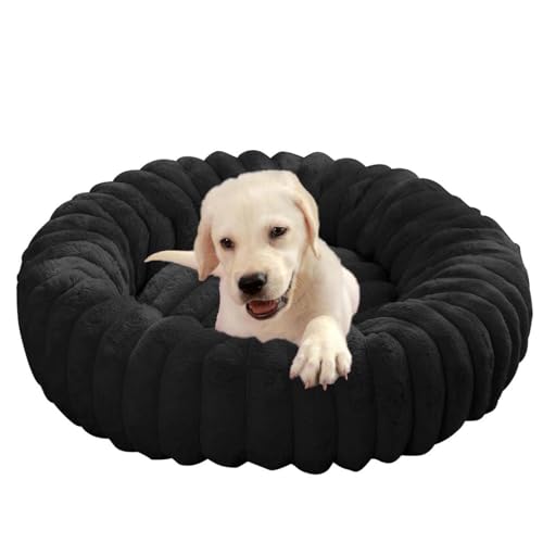ping bu Großes Plüsch-Hundebett, beruhigendes Donut-Hundebett, Sofakissen, waschbar, wärmend, rund, für den Innenbereich, schlafende Hunde und Katzen, rutschfest (Schwarz, 80 cm) von ping bu