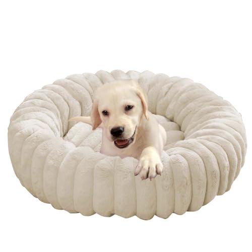 ping bu Großes Plüsch-Hundebett, beruhigendes Donut-Hundebett, Sofakissen, waschbar, wärmend, rund, für den Innenbereich, schlafende Hunde und Katzen, rutschfest (Weiß, 80 cm) von ping bu