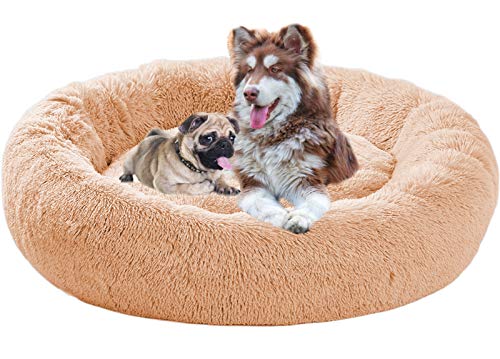 ping bu Hundebett Flauschig Donut Tierbett,Deluxe Round Pet Bett Haustier-Nest für Hunde und Katzen,Hund Bett Haustierbett Plüsch Weich,rutschfeste wasserdichte Basis (120cm,Beige) von ping bu