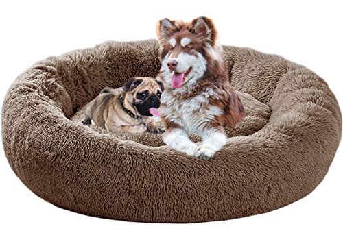 ping bu Hundebett Flauschig Donut Tierbett,Deluxe Round Pet Bett Haustier-Nest für Hunde und Katzen,Hund Bett Haustierbett Plüsch Weich,rutschfeste wasserdichte Basis (80cm,Braun) von ping bu
