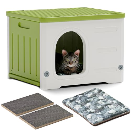 Katzenhaus aus Kunststoff, für den Innen- und Außenbereich, stabiles Feral-Katzenhaus für kleine, mittelgroße Katzen, erhöht, wasserdicht und isoliert, mit Katzenkratzpad (Grün) von pipetpet