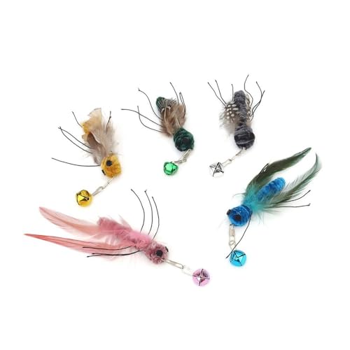 pipisweet 5 kleine Ersatzkopf-Fliegen, Insekten, Katzenspielzeug, Zubehör, lustiger Teaser-Stick, interaktiver Zauberstab, Federkäfer, Haustierspielzeug (5 Stück, zufällig) von pipisweet