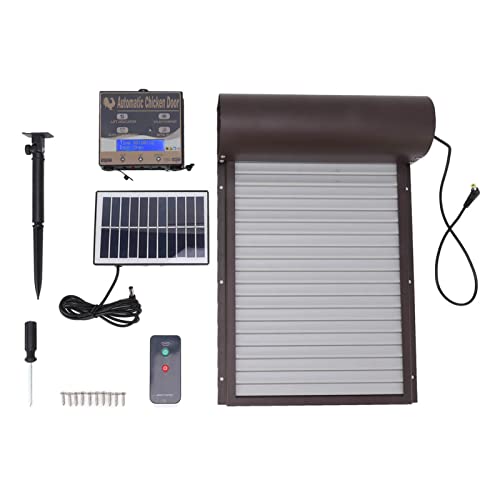 Solar angetriebene automatische Hühner -Coop -Tür -Leuchtsensor Timer Fernbedienung Metall Plastik Automatische Hühnertür für Geflügelhähnchen Entengans 37,3 x 24,7 cm 14,7x9.7in (Braun) von plplaaoo