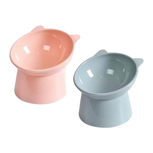 pofluany Futternapf, erhöhter Katzennapf, 15 Grad geneigt, Kunststoff, erhöhter Futternapf, Wasser-Futterspender gegen Erbrechen, für Katzen, kleine Hunde, Blau und Rosa, 2 Stück von pofluany
