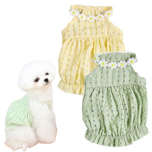 2-teiliges Hundekleid-Set, leuchtend grüne und gelbe Kleider für Hunde, atmungsaktiver Stoff, weiße Blumendetails, bequemer elastischer Bund, Sommer-Haustierkleidung für kleine und mittelgroße Rassen 2-teiliges Hundekleid-Set, leuchtend grüne und gelbe Kleider für Hunde, atmungsaktiver Stoff, weiße Blumendetails, bequemer elastischer Bund, Sommer-Haustierkleidung für kleine und mittelgroße Rassen von popona