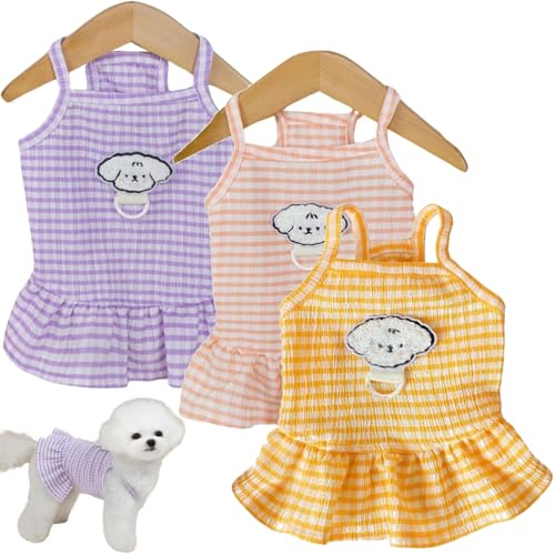 3-teiliges gestreiftes kariertes Hundekleid mit D-Ring, Baumwolle, Haustierkleidung für kleine und mittelgroße Hunde, bequemes Sommer-Hundeoutfit für Welpen (3 Stück A, L) von popona