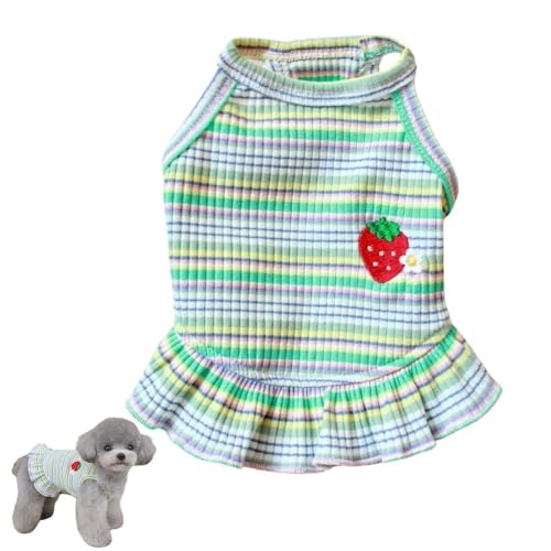 Bezauberndes gestreiftes Hundekleid mit Erdbeer-Aufnäher und Spitzenbesatz, weiche, elastische Baumwolle, perfektes Outfit für kleine Hunde, Welpen und Katzen (Grün, M) von popona