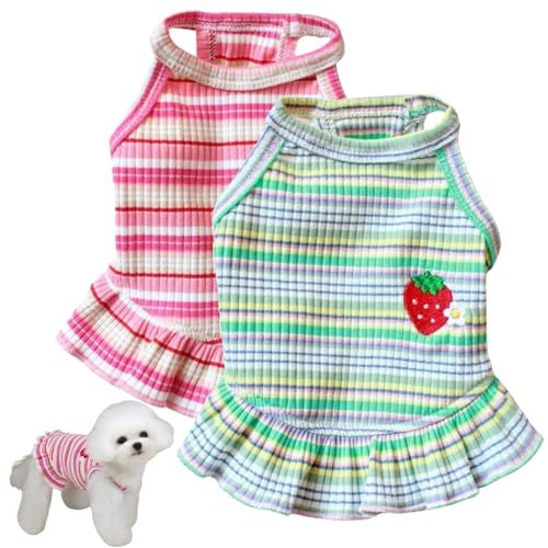 Charmantes gestreiftes Hundekleid mit Erdbeer-Aufnäher und Spitzenbesatz, weiche, elastische Baumwollkleidung in Rosa und Grün, perfektes Outfit für kleine Hunde, Welpen und Katzen (2 Stück A, XXL), 2 Charmantes gestreiftes Hundekleid mit Erdbeer-Aufnäher und Spitzenbesatz, weiche, elastische Baumwollkleidung in Rosa und Grün, perfektes Outfit für kleine Hunde, Welpen und Katzen (2 Stück A, XXL), 2 von popona