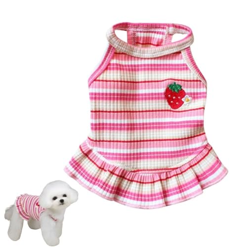 Charmantes gestreiftes Hundekleid mit Erdbeer-Aufnäher und Spitzenbesatz, weiche, elastische Baumwollkleidung in Rosa und Grün, perfektes Outfit für kleine Hunde, Welpen und Katzen (Rosa, XL) von popona