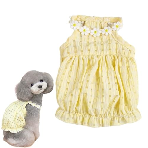 Gelbes Hundekleid – atmungsaktives Sommer-Outfit mit elastischem Bund und weißem Blumendesign, niedliche Hunde- und Katzenkleidung für kleine, mittelgroße und große Hunde (Gelb, S) von popona