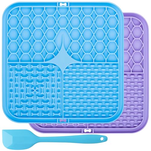Poraceous 2 Stück Schleckmatte Hund, Leckmatte Hund, Schleckmatte Katze, BPA-freies Silikon, rutschfest mit Saugnäpfen, Inkl. Spatel, Ideal für Baden, Training und Fellpflege (Lila und Hellblau) von poraceous