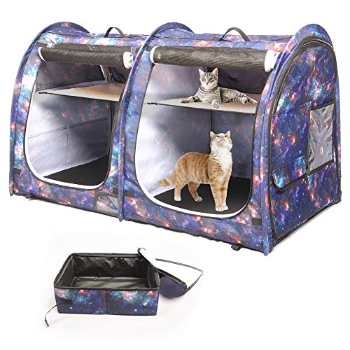 Mispace Katzenkäfig, tragbar, mit zwei Fächern, einfach zu falten und transportieren, bequem, für Welpen, Zuhause Hunde, tragbarer Tragetasche/zwei Hängematten/Matten zusammenklappbarer Katzentoilette von porayhut
