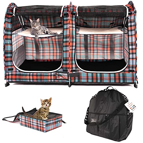 Mispace Katzenkäfig mit zwei Fächern, einfach zu falten und zu transportieren, bequeme Reisebox für Welpen und Hunde, mit Tragetasche, zwei HängemattenMatten und faltbarer Katzentoilette von porayhut