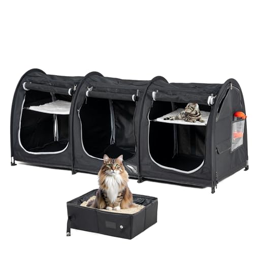 Tragbarer Katzenkäfig mit drei Fächern, einfach zu falten und zu transportieren, bequeme Reisebox für Welpen und Hunde, mit tragbarer Tragetasche, 2 Hängematten, 3 Matten und zusammenklappbaren von porayhut