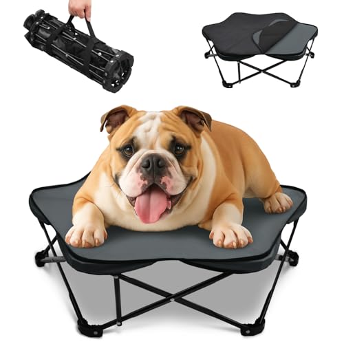 Pozico Kleines erhöhtes Hundebett – 66 cm faltbares Haustierbett mit Tragegriff, erhöhtes Hundebett mit stabilem Rahmen und Plüschkissen, tragbar und langlebig für kleine Rassen, Indoor/Outdoor von pozico