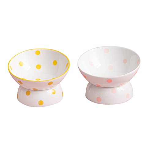 predolo Keramik-Katzennapf Set mit erhöhtem Design und schickem Look, Rosa und Gelb von predolo