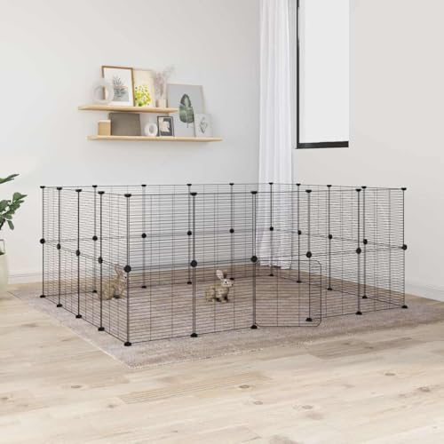prissent Käfig für Tiere 36 Paneele mit schwarzer Tür 35 x 35 cm Stahl Kaninchengehege Katzenzaun für Hunde Haustiergehege Geräumiger Käfig Selbstmontage von prissent