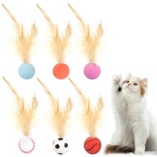 prota 6 Stück Katzenspielzeug Federn Katzenball Hüpfender Katzenball Mit Feder, Geräuschlos Katzenspielzeug Ball Hohe Elastizität Federspielzeug, Bälle Mit Feder für Katzen Im Haus von prota