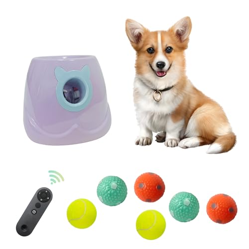 ptlsy Automatischer Hundeballwerfer, interaktiver Welpen-Haustierball, Indoor-Wurfmaschine für kleine und mittelgroße Hunde, 3 Bälle enthalten (5,1 cm) (lila, Fernbedienung) von ptlsy