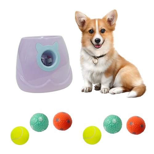 ptlsy Automatischer Hundeballwerfer, interaktiver Welpen-Haustierball, Indoor-Wurfmaschine für kleine und mittelgroße Hunde, 3 Bälle enthalten (5,1 cm) (lila, Launcher mit 6 Ball) von ptlsy