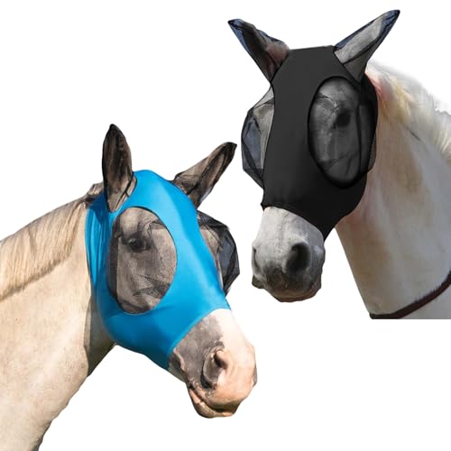 2 Stück Fliegenmaske Pferd UV Schutz, Elastische Fliegenhaube Pferd, Pferdemaske mit Ohren Schützerschutz, Atmungsaktives Mesh Pferde Fliegenmaske (Blau+Schwarz) von puiaxod