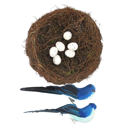 Saisonal gewebter Vogelnest Korb Dekoration komplett mit künstlichen Eiern gefiederter Vogel für den Innenbereich Saisonale Displays Ostereier Korb Dekoration von pumpumlia