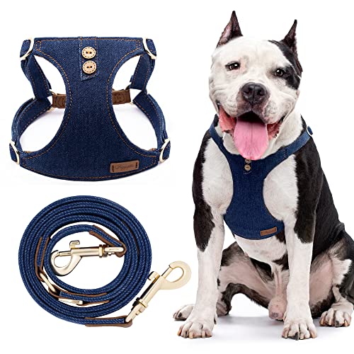 Hundegeschirr mit Multifunktions-Hundeleine, weich, verstellbar, kein Würgen, ausbruchsicher, für mittelgroße Hunde oder große Hunde, Jeansblau, Größe L von puppytie
