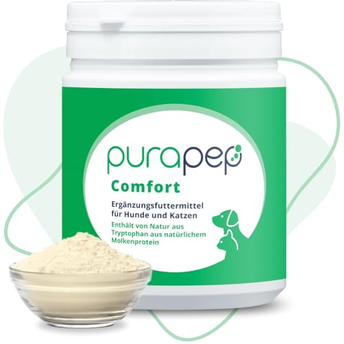 purapep Comfort Pulver – Lindert Stress, Angst & Aggression, fördert Entspannung. Natürliches Beruhigungsmittel für Hunde & Katzen + Tryptophan + B Vitaminen. Ideal für Silvester & Stressphasen. 280g von purapep
