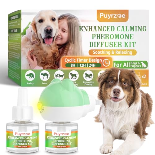 puyrzoe Pheromones Diffusor-Kit für Hunde, beruhigendes Diffusor-Set für Hunde mit 60-Tage-Entspannung, Hunde-beruhigendes Plug-in lindert Angst und Stress (1 Diffusor + 2 Nachfüllpackungen) von puyrzoe