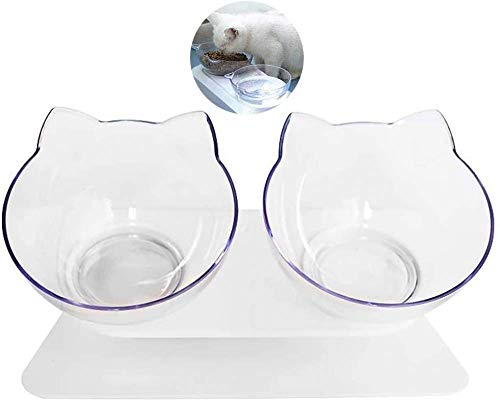 qiuqiu Double Bowl Cat Bowl Tiernahrungszuführung, Abnehmbare Transparente rutschfeste Futter- Und Wasserschalen Mit 15 ° Geneigtem Plattform-Zufuhrhalter von qiuqiu