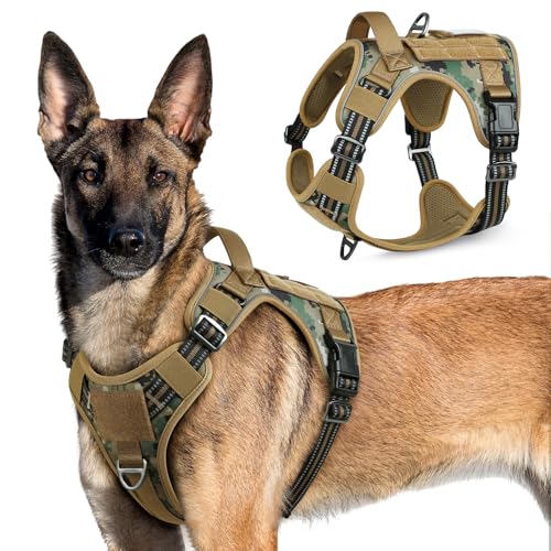 rabbitgoo Hundegeschirr Grosse Hunde, Anti Zug Geschirr Hund Verstellbar mit Griffe Verbreitert, Robust Taktisches Hundegeschirr mit Metallschnallen zum Wandern(XL, Camouflage Braun) von rabbitgoo