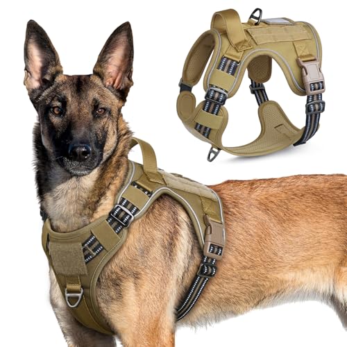 rabbitgoo Hundegeschirr Grosse Hunde, Anti Zug Geschirr Hund Verstellbar mit Griffe Verbreitert, Robust und Verschleißfest, Taktisches Hundegeschirr mit Metallschnallen zum Wandern(XL, Braun) von rabbitgoo