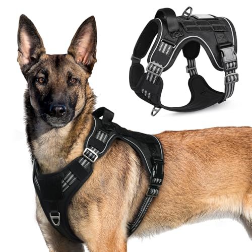 rabbitgoo Hundegeschirr Grosse Hunde, Anti Zug Geschirr Hund Verstellbar mit Griffe Verbreitert, Robust und Verschleißfest, Taktisches Hundegeschirr mit Metallschnallen zum Wandern(XL, Schwarz) von rabbitgoo