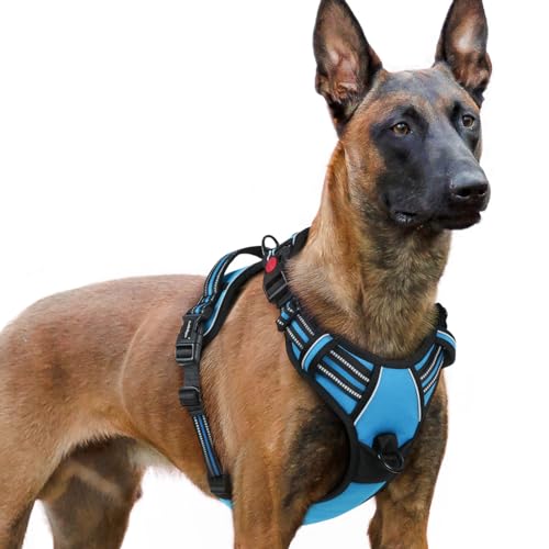 rabbitgoo Hundegeschirr Grosse Hunde, Verstellbare Geschirr Hund ohne Zug & Würgen, Anti Zug hundegeschirr mit Griff, weich Gepolsterte Reflektierende Brustgeschirr, Hellblau XL von rabbitgoo