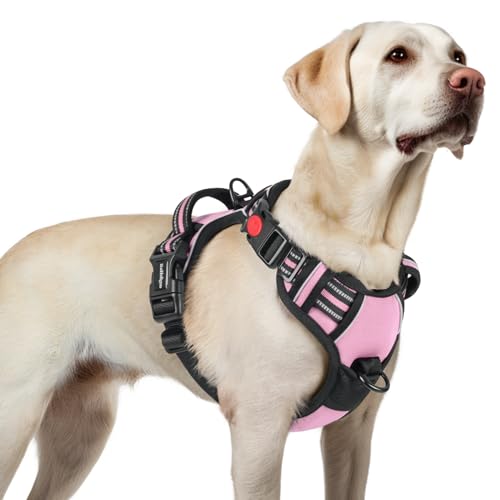 rabbitgoo Hundegeschirr Grosse Hunde, Verstellbare Geschirr Hund ohne Zug & Würgen, Anti Zug hundegeschirr mit Griff, weich Gepolsterte Reflektierende Brustgeschirr, Rosa L von rabbitgoo