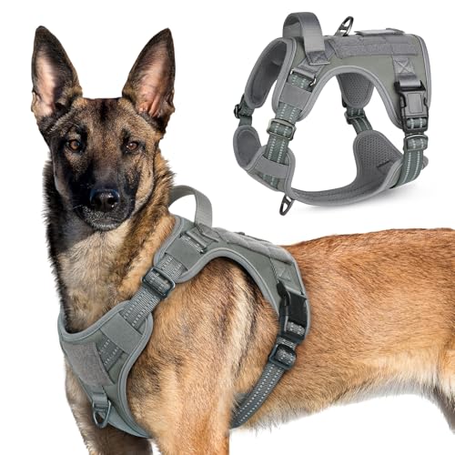 rabbitgoo Hundegeschirr Grosse Hunde, Anti Zug Geschirr Hund Verstellbar mit Griffe Verbreitert, Robust und Verschleißfest, Taktisches Hundegeschirr mit Metallschnallen zum Wandern(XL, Grau) von rabbitgoo