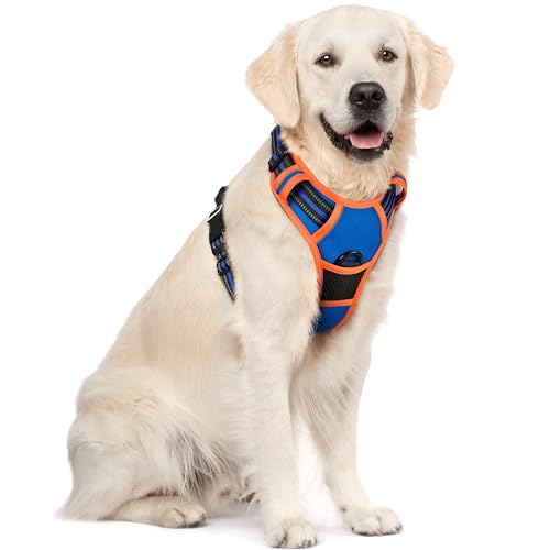 rabbitgoo Hundegeschirr Mittelgroße Hunde, Anti Zug Geschirr mit Kontrolle, No Pull Verstellbar Hundegeschirr Grosse Hunde, Atmungsaktiv Reflexstreifen Brustgeschirr Sichere Führung Blau+Orange XL von rabbitgoo