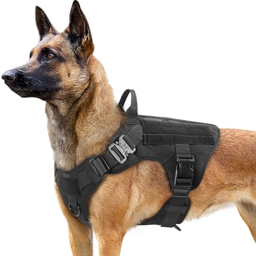 rabbitgoo Hundegeschirr Grosse Hunde mit Taktisches MOLLE und Metallschnallen ohne Zug, Verstellbare Sicherheitsgeschirr mit Griff, Atmungsakti Brustgeschirr, Gepolstert Hundeweste, M Schwarz von rabbitgoo