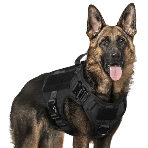 rabbitgoo No Pull Hundegeschirr Mittlere Grosse Hunde, Taktische Brustgeschirr mit MOLLE Griff Metallschnallen, Atmungsaktiv Militär Sicherheitsgeschirr, Verstellbares Gepolstert Hundeweste XL Schwarz von rabbitgoo