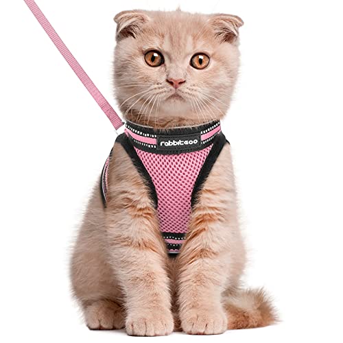 rabbitgoo Katzengeschirr Katzenleine Set Katzengeschirr mit Leine Geschirr Katzen ausbruchsicher verstellbar weich mit reflektierenden Streifen für Katzen Kitten Welpen Cat Harness Leash Rosa L von rabbitgoo