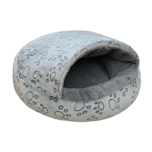 rockible Rundes Katzenbett aus Plüsch zum Graben Kleiner Hunde, Haustierbett, für kleine Hunde, graue Fußabdrücke von rockible
